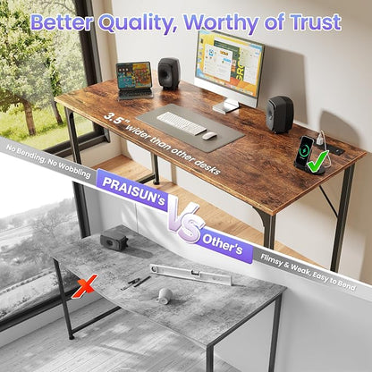 PRAISUN 55 X 20 Inch Computer Desk, Power Outlets, USB-C, Rustic Brown | Office Desk with 4 AC Outlets, USB & USB-C, Sturdy Metal Frame, Spacious Desktop for Work, Writing, Study & Gaming