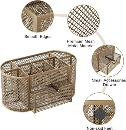 EasyPAG Mesh Pen Holder Desk Organizer with Drawer Stationery Supplies Organizer for Dorm School 9 Compartments Workspace Desk Accessories Organization for Office, Gold