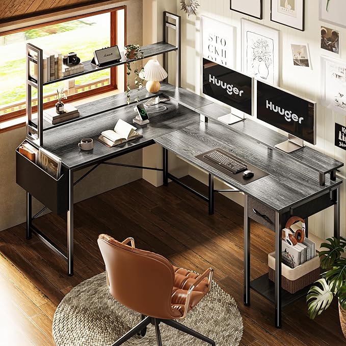 L Shaped Desk Computer Desk with LED Lights & Power Outlets, Gaming Desk with Storage Shelves, Corner Desk Home Office Desks for Bedroom, Grey