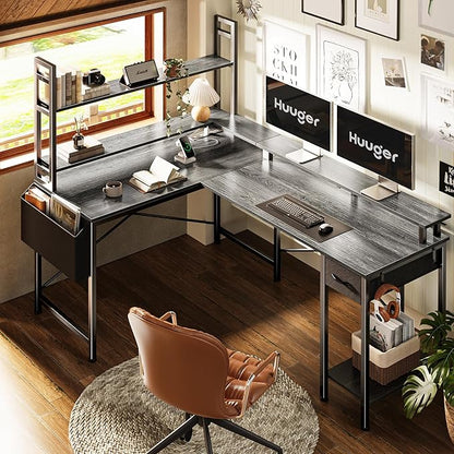 L Shaped Desk Computer Desk with LED Lights & Power Outlets, Gaming Desk with Storage Shelves, Corner Desk Home Office Desks for Bedroom, Grey