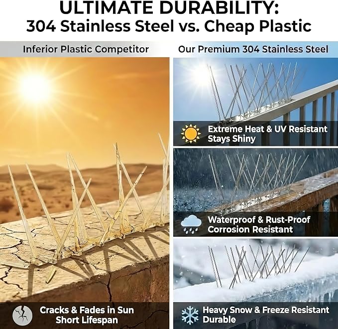 Stainless Steel Bird Spikes for Pigeons,Pre-Assembled,Anti Bird Deterrent Spikes for Woodpeckers, Squirrels, Raccoons，Weatherproof Fence Spikes for Roof, Railing,Patio, 9.84 Feet