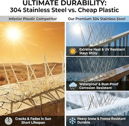 Stainless Steel Bird Spikes for Pigeons,Pre-Assembled,Anti Bird Deterrent Spikes for Woodpeckers, Squirrels, Raccoons，Weatherproof Fence Spikes for Roof, Railing,Patio, 9.84 Feet