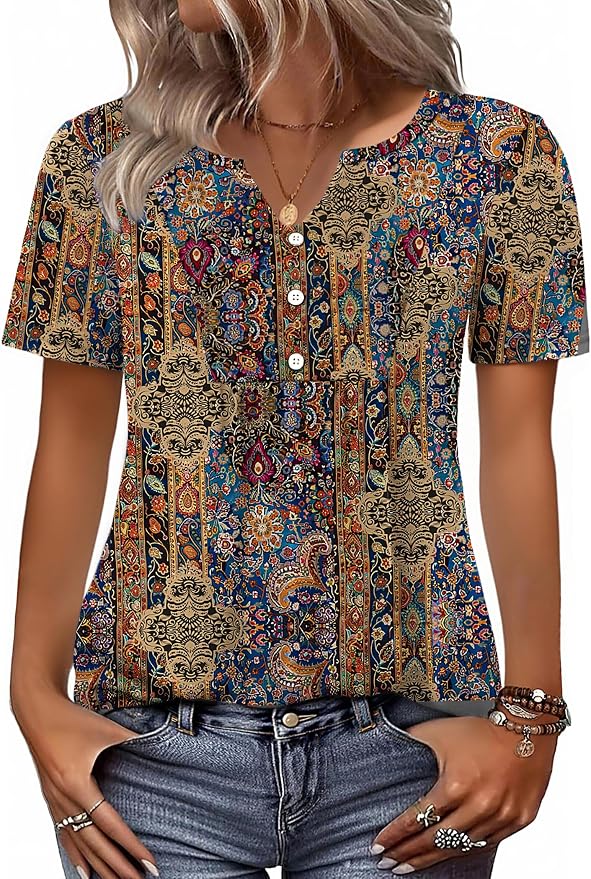 Zeagoo Womens Short Sleeve Tops Summer Henley V-Neck Tshirts Casual Pleated Blouse Dressy Loose Floral Basic Tee