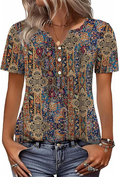 Zeagoo Womens Short Sleeve Tops Summer Henley V-Neck Tshirts Casual Pleated Blouse Dressy Loose Floral Basic Tee