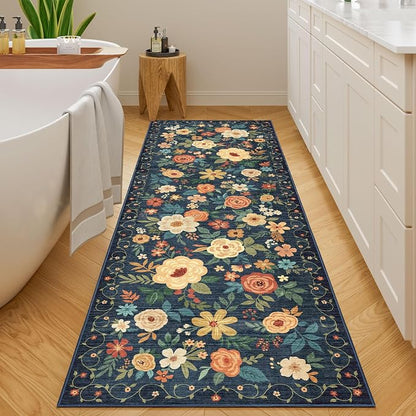 DUKINO Runner Rug, 2x10 Kitchen Hallway Carpet, Washable with Non-Slip Backing, Low Pile Soft Boho Floral for Entryway, Laundry, Bedroom, Dark Blue