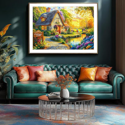 Fairy Tale Cottage 1000 Piece Jigsaw Puzzle for Adults - Scenic House Garden with Sunset & Colorful Flowers Landscape Challenging Puzzle Games Fun Family Activity （27.6" x 19.7"）