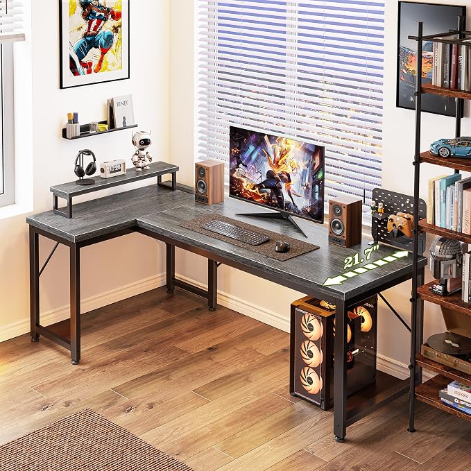PRAISUN 53" L Shaped Computer Desk, Power Outlets, Monitor Stand, Grey | USB-C Ports, Reversible Charging Station, Spacious Desktop & Legroom, 0.94 Inch Thick Desktop, for Gaming, Study & Work
