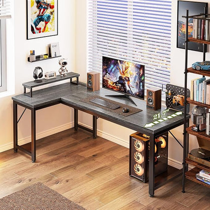 PRAISUN 53" L Shaped Computer Desk, Power Outlets, Monitor Stand, Grey | USB-C Ports, Reversible Charging Station, Spacious Desktop & Legroom, 0.94 Inch Thick Desktop, for Gaming, Study & Work