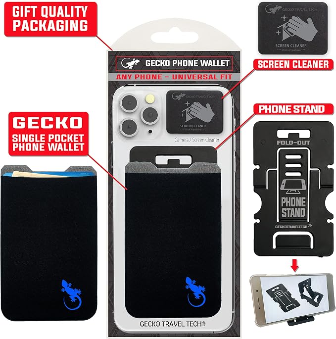 Phone Wallet - Adhesive Card Holder - Cell Phone Pouch - Stick on Lycra Pocket by Gecko - Carry Credit Cards and Cash