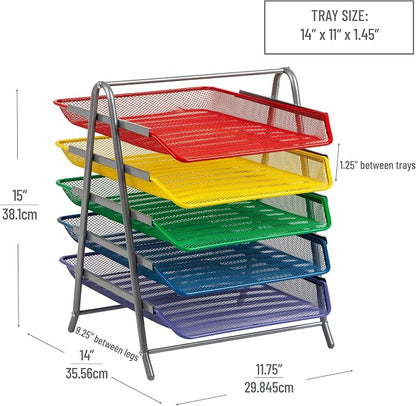 Mind Reader 5-Tier Paper Tray Organizer with Multicolor Trays, Classroom File Organizer for Teachers, Metal Mesh, Assorted Colors