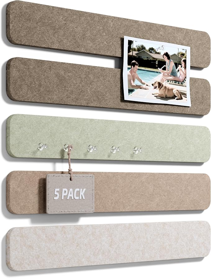Fluxynara 13" x 2" Felt Wall Panels, Linen Dusk | 5-Pack Cork Board Alternative with 35 Push Pins, Adhesive Mounting for Bedroom Door or Home Office