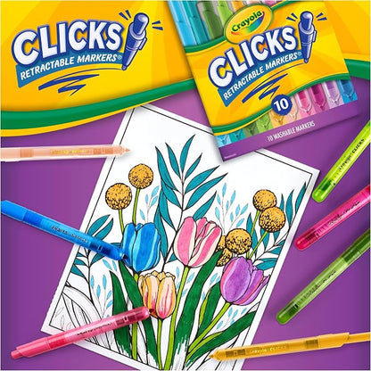 Crayola Clicks Retractable Markers Bold (10ct), Teacher Classroom School Supplies, Spring Crafts, No Dry Washable Markers for Kids