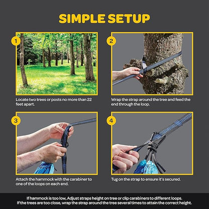 Durable Hammock 500 lb Capacity, Nylon Camping Hammock Chair - Double or Single Sizes w/Tree Straps and Attached Carry Bag - Portable for Travel/Backpacking (Large, Black with Net)