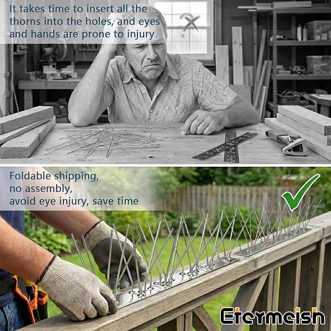 Stainless Steel Bird Spikes for Pigeons,Pre-Assembled,Anti Bird Deterrent Spikes for Woodpeckers, Squirrels, Raccoons，Weatherproof Fence Spikes for Roof, Railing,Patio, 24.6 Feet