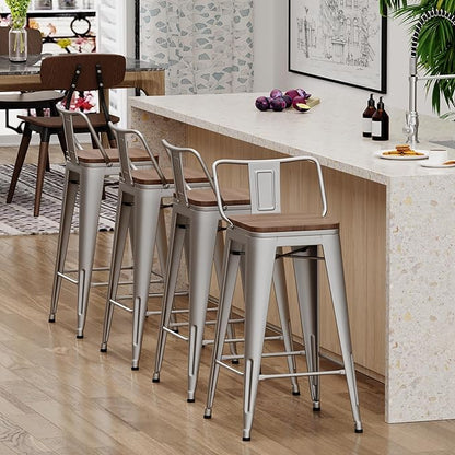 Yongchuang 30 inch Bar Stools Set of 4 Bar Height Metal Barstools with Wood Seat Low Back Kitchen Bar Chairs Silver