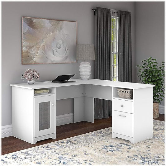 Bush Furniture Cabot L Shaped Computer Desk in White | Corner Table with Drawers and Storage for Personal Home Office Workspace