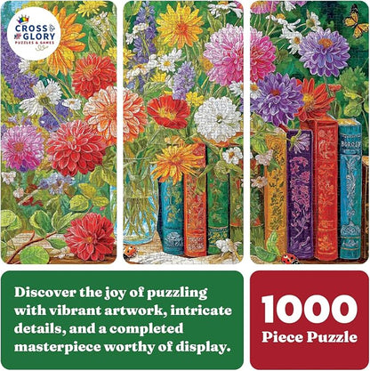 Cross & Glory | 1000 Piece Jigsaw Puzzles for Adults | Petals Between the Pages | Vintage Books & Floral Botanical Flower Puzzle | Satin Finish Flower Puzzles for Adults 1000 Pieces | Ages 14+