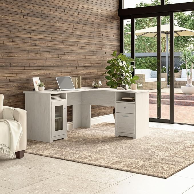 Bush Furniture Cabot 60W L Shaped Computer Desk with Storage in Linen White Oak