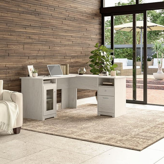 Bush Furniture Cabot 60W L Shaped Computer Desk with Storage in Linen White Oak