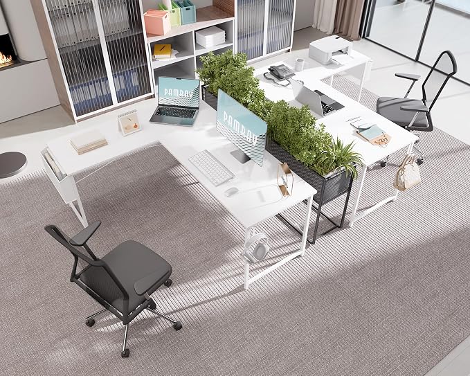 Pamray 64.5 Inch Reversible L Shaped Gaming Desk Large Corner Computer Desk with Storage Bag Home Office Table for Writing Study White