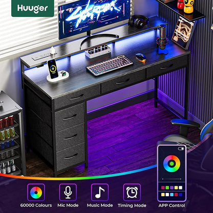 Huuger Gaming Desk with 6 Drawers, Computer Desk with LED Lights Power Outlets and Type-C, 47 Inch Office Desk with Storage, Monitor Stand, Writing Work Desk Home Office, Bedroom, Study, Grey