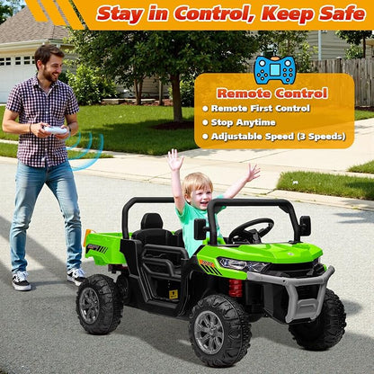 Joyracer 4WD 24 Volt Ride on Toys, 800W Ride on Truck for Kids, 2 Seater Power Car Wheels w/Dump Bed & Shovel, Ride on UTV w/Remote Control, Bluetooth, LED Lights,Green