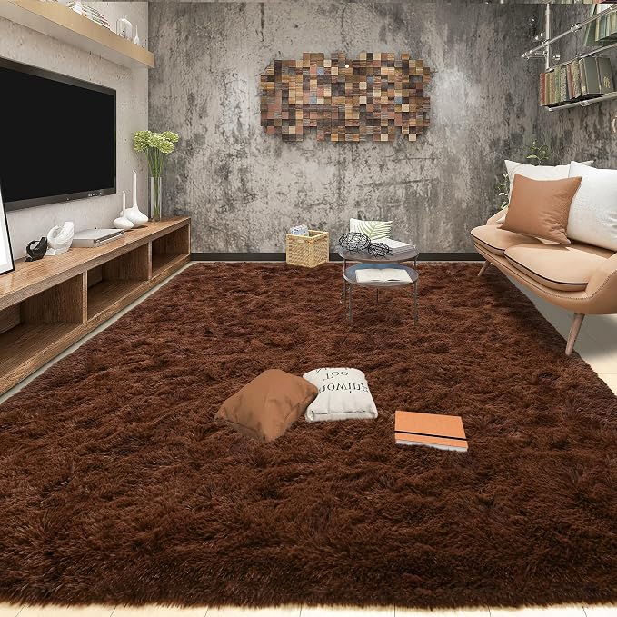 Tepook 9x12 Brown Area Rugs for Living Room Bedroom, Soft Fluffy Plush Shaggy Girls Boys Kids Room Rug, Shag Upgrade Non-Slip Throw Carpet for Dorms Nursery Classroom Home Decor