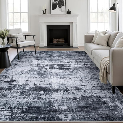 6x9 Area Rug Living Room Rug: Washable Modern Abstract Soft Thin Rug Indoor Floor No Slip Stain Resistant Carpet for Bedroom Dining Room Farmhouse Nursery Home Office - Black
