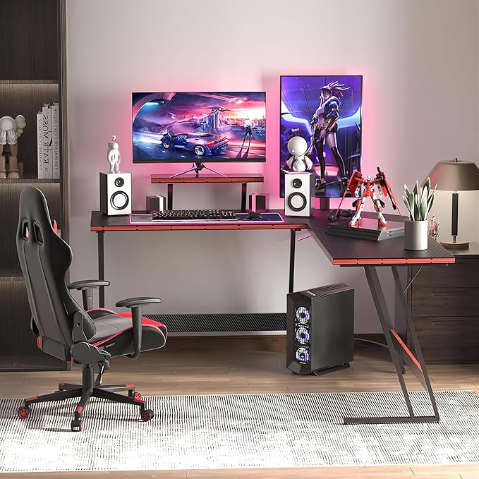 L Shaped Gaming Desk, 51 Inch Computer Corner Table with Large Monitor Stand & Carbon Fiber Surface for Home Office Study Writing Workstation, Black