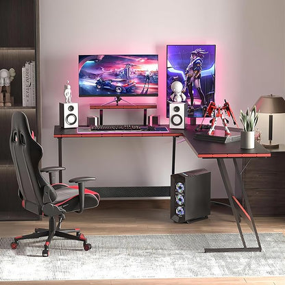 L Shaped Gaming Desk, 51 Inch Computer Corner Table with Large Monitor Stand & Carbon Fiber Surface for Home Office Study Writing Workstation, Black