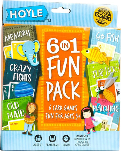 Hoyle 6-in-1 Kids Card Game Pack, 6 Fun Preschool Games in 1: Matching, Memory, Go Fish, Crazy Eights, Old Maid, Slap Jack, Ages 3+