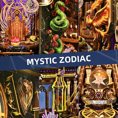 Book Nook DIY Kit for Adults, 3D Wooden Puzzle with LED,Bookend Bookshelf Decoration,Miniature Dollhouse for Home Decor,Mystic Zodiac