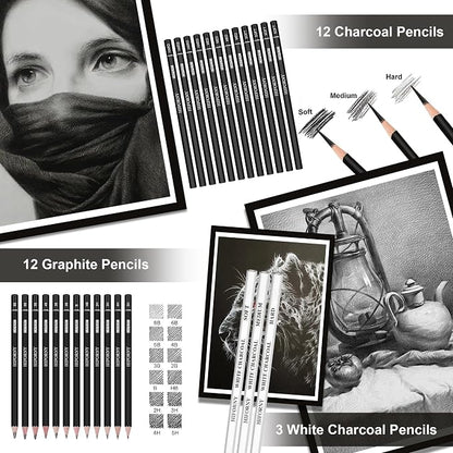 HIFORNY 100 PCS Drawing & Sketching Set, Professional Art Supplies with Graphite,Charcoal, Colored,Watercolor,Metallic Pencils,Blending Tools,Sketchbook and Coloring Book in Zipper Case (Pink)