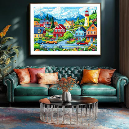 1000 Piece Jigsaw Puzzle for Adults, Coastal Village Scene with Lighthouse and Mountain View, Stress Relief & Family Bonding Game, 27.56x19.69 Inches Home Decor