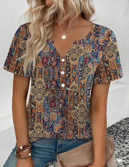 Zeagoo Womens Short Sleeve Tops Summer Henley V-Neck Tshirts Casual Pleated Blouse Dressy Loose Floral Basic Tee