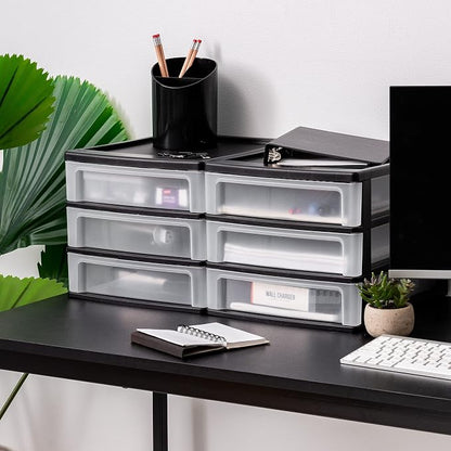 IRIS USA 2-Pack, 3-Drawer Medium Plastic Stacking Desktop Organizer, Black | Organize office supplies, stationery, makeup, craft materials and everyday essentials for neat desktop storage