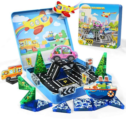 40PCS Mini Magnetic Tiles – City Road Building Blocks Set in Iron Case, Portable STEM Travel Toys for Toddlers, Quiet On-the-Go Activities & Preschool Learning for Kids
