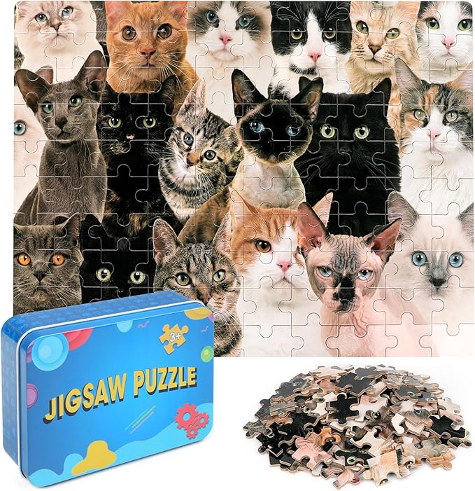 LELEMON 100 Pieces Cute Cats Jigsaw Puzzle for Kids Ages 4-8 Multicolor Cats Puzzles in a Metal Box Children Girls Boys Learning Educational Puzzles Toys