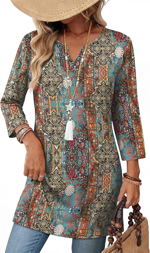 OFEEFAN Summer Boho Tops For Women 3/4 Length Sleeve Womens Tops Vacation Outfits