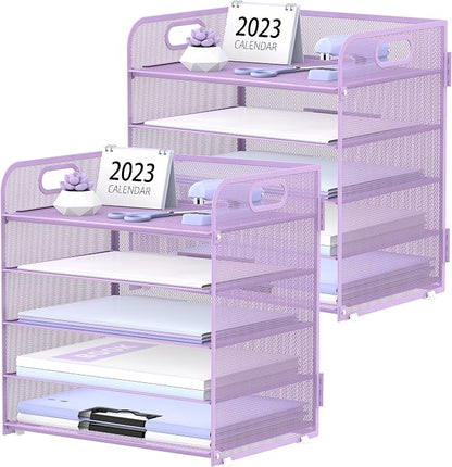 2 Pack 5-Tier Purple Desk Organizer with Handle Mesh Desk File/Paper Organizer Letter Tray for Office, School and Home Easy Installation Purple Office Supplies