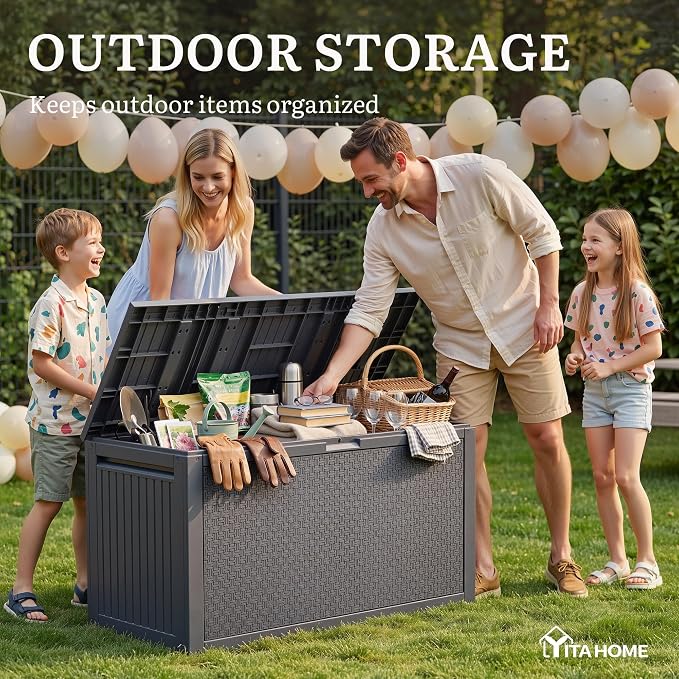 YITAHOME 95 Gallon Outdoor Storage Deck Box | Waterproof Resin Deck Box w/Handles, Lockable Outdside Deck Box for Patio Furniture, Garden Tools, Lockable & UV