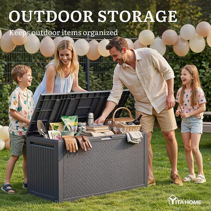 YITAHOME 95 Gallon Outdoor Storage Deck Box | Waterproof Resin Deck Box w/Handles, Lockable Outdside Deck Box for Patio Furniture, Garden Tools, Lockable & UV