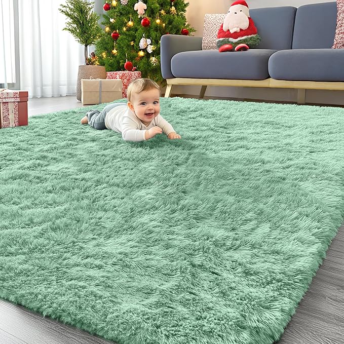 OLANLY 6x9 Machine Washable Large Area Rugs for Living Room, Bedroom, Soft Fluffy Shaggy Bedside Rug, Indoor Floor Carpet for Kids Girls and Boys, Dorms, Nursery, Home Decor Aesthetic, Mint Green