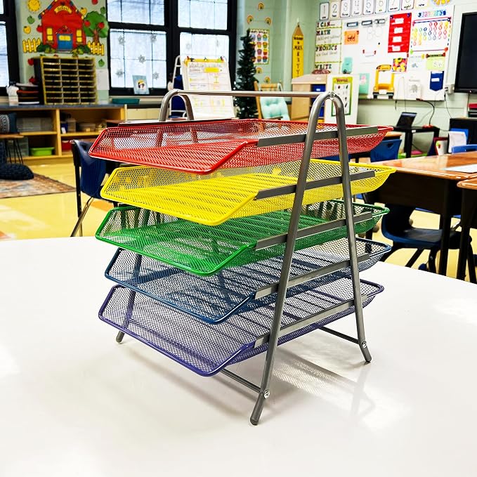 Mind Reader 5-Tier Paper Tray Organizer with Multicolor Trays, Classroom File Organizer for Teachers, Metal Mesh, Assorted Colors