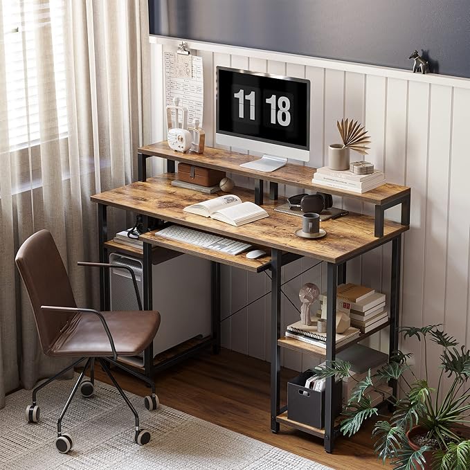 BANTI 47 Inch Computer Desk with Storage Shelves Monitor Stand Keyboard Tray, Home Office Desk, Study Writing Table, Rustic Brown