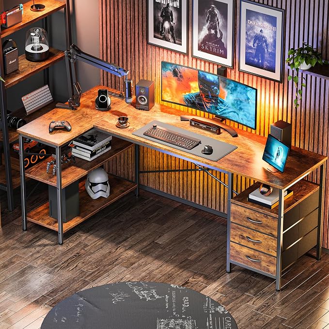 Huuger L Shaped Desk with Power Outlets, 63 Inch Reversible Computer Desk with 3 Drawers and Shelves, Home Office Table for Corner Work Study Writing Gaming, Rustic Brown