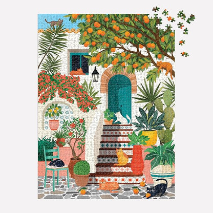 Galison Mediterranean Cats – 1000 Piece Jigsaw Puzzle Featuring Beautiful Artwork of A Citrus Inspired Stoop with Cats