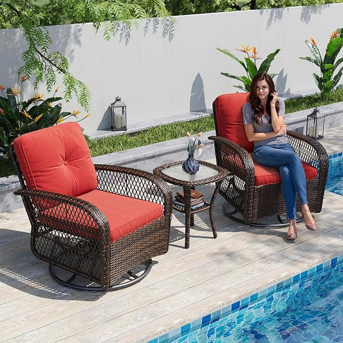 Aoxun 3 Pieces Patio Furniture Set, Patio Swivel Rocker Chairs Set of 2, Wicker Outdoor Bistro Set with Rocking Chair, Thickened Cushions and Table for Porch (Red)