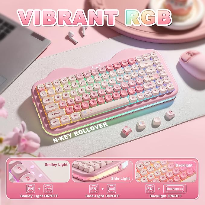 YUNZII C75 Cute 75% Wireless Mechanical Keyboard (Pink, Candy Switch) | Creamy Cake Keyboard, BT5.0/2.4G/USB-C, Hot-Swap, NKRO, PBT MOA Keycaps,5500mAh RGB Gasket Mount for Mac/Win/Gaming/Office