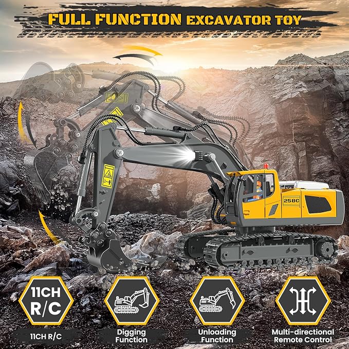 Remote Control Excavator Toy RC Play Excavator Construction Vehicles, 11CH 2.4Ghz RC Sand Digger with Metal Shovel & Light, Construction Truck Toys for Boys 3 4 5 6 7 8-12 Year Old Kids Birthday Gifts